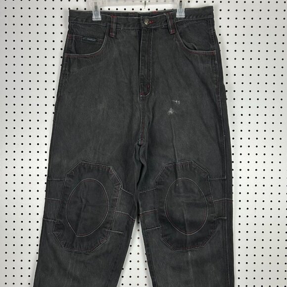 Girbaud Double Knee 90s Hip Hop Black Jeans 36x34 Red Stitched Coffin Y2K Baggy - Picture 2 of 9